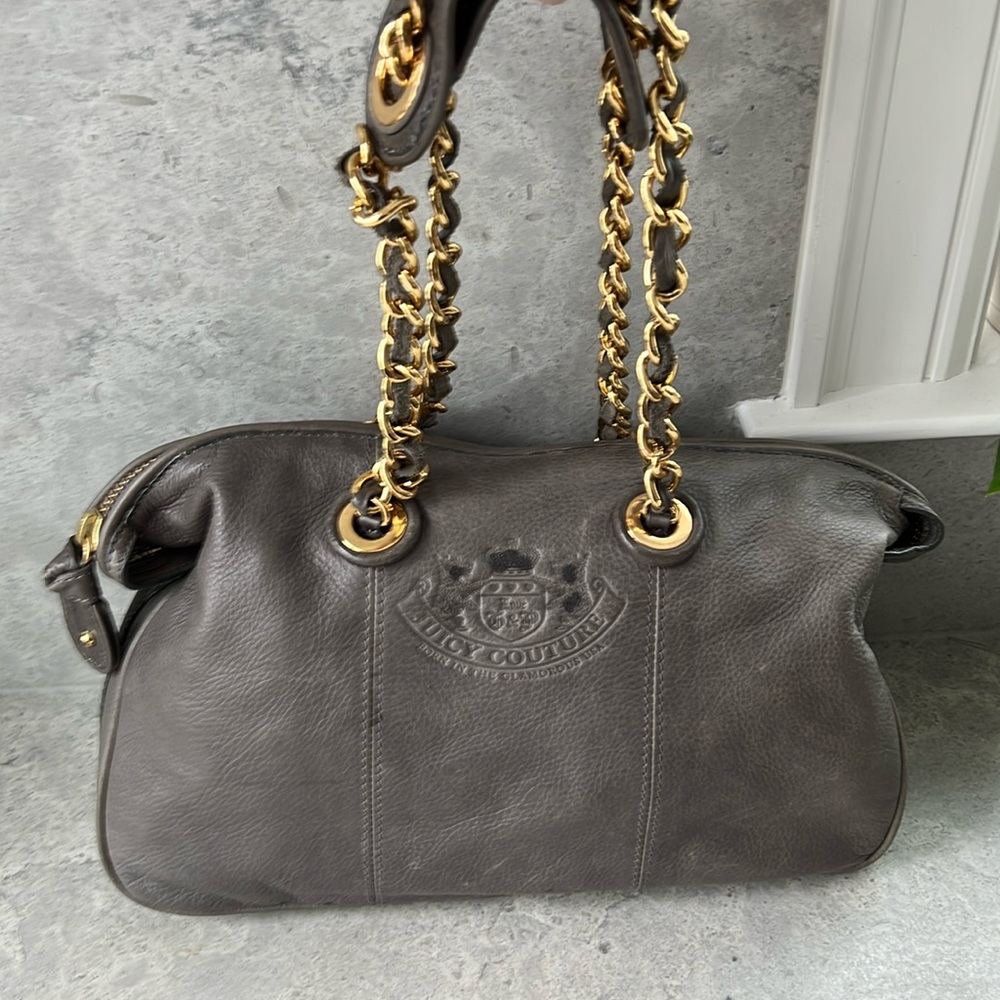 Juicy Couture Grey Creamy Leather Shoulder Bag with Brass Chain